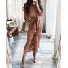 imageBTFBM Women Long Sleeve Satin Dress 2025 Summer Spring Lapel V Neck Button Down Elegant Belted Ruched Maxi Shirt DressesSolid Dark Khaki