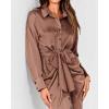 imageBTFBM Women Long Sleeve Satin Dress 2025 Summer Spring Lapel V Neck Button Down Elegant Belted Ruched Maxi Shirt DressesSolid Dark Khaki