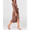 imageBTFBM Women Long Sleeve Satin Dress 2025 Summer Spring Lapel V Neck Button Down Elegant Belted Ruched Maxi Shirt DressesSolid Dark Khaki