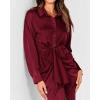 imageBTFBM Women Long Sleeve Satin Dress 2025 Summer Spring Lapel V Neck Button Down Elegant Belted Ruched Maxi Shirt DressesSolid Dark Wine Red