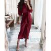 imageBTFBM Women Long Sleeve Satin Dress 2025 Summer Spring Lapel V Neck Button Down Elegant Belted Ruched Maxi Shirt DressesSolid Dark Wine Red