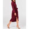 imageBTFBM Women Long Sleeve Satin Dress 2025 Summer Spring Lapel V Neck Button Down Elegant Belted Ruched Maxi Shirt DressesSolid Dark Wine Red