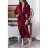 imageBTFBM Women Long Sleeve Satin Dress 2025 Summer Spring Lapel V Neck Button Down Elegant Belted Ruched Maxi Shirt DressesSolid Dark Wine Red