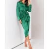 imageBTFBM Women Long Sleeve Satin Dress 2025 Summer Spring Lapel V Neck Button Down Elegant Belted Ruched Maxi Shirt DressesSolid Deep Green