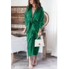 imageBTFBM Women Long Sleeve Satin Dress 2025 Summer Spring Lapel V Neck Button Down Elegant Belted Ruched Maxi Shirt DressesSolid Deep Green