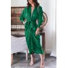 imageBTFBM Women Long Sleeve Satin Dress 2025 Summer Spring Lapel V Neck Button Down Elegant Belted Ruched Maxi Shirt DressesSolid Deep Green