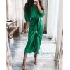 imageBTFBM Women Long Sleeve Satin Dress 2025 Summer Spring Lapel V Neck Button Down Elegant Belted Ruched Maxi Shirt DressesSolid Deep Green
