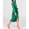 imageBTFBM Women Long Sleeve Satin Dress 2025 Summer Spring Lapel V Neck Button Down Elegant Belted Ruched Maxi Shirt DressesSolid Deep Green