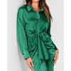 imageBTFBM Women Long Sleeve Satin Dress 2025 Summer Spring Lapel V Neck Button Down Elegant Belted Ruched Maxi Shirt DressesSolid Deep Green