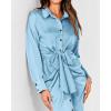 imageBTFBM Women Long Sleeve Satin Dress 2025 Summer Spring Lapel V Neck Button Down Elegant Belted Ruched Maxi Shirt DressesSolid Light Blue