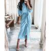 imageBTFBM Women Long Sleeve Satin Dress 2025 Summer Spring Lapel V Neck Button Down Elegant Belted Ruched Maxi Shirt DressesSolid Light Blue