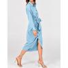 imageBTFBM Women Long Sleeve Satin Dress 2025 Summer Spring Lapel V Neck Button Down Elegant Belted Ruched Maxi Shirt DressesSolid Light Blue