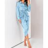 imageBTFBM Women Long Sleeve Satin Dress 2025 Summer Spring Lapel V Neck Button Down Elegant Belted Ruched Maxi Shirt DressesSolid Light Blue