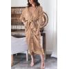 imageBTFBM Women Long Sleeve Satin Dress 2025 Summer Spring Lapel V Neck Button Down Elegant Belted Ruched Maxi Shirt DressesSolid Light Khaki