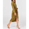 imageBTFBM Women Long Sleeve Satin Dress 2025 Summer Spring Lapel V Neck Button Down Elegant Belted Ruched Maxi Shirt DressesSolid Olive Green