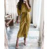 imageBTFBM Women Long Sleeve Satin Dress 2025 Summer Spring Lapel V Neck Button Down Elegant Belted Ruched Maxi Shirt DressesSolid Olive Green