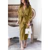 imageBTFBM Women Long Sleeve Satin Dress 2025 Summer Spring Lapel V Neck Button Down Elegant Belted Ruched Maxi Shirt DressesSolid Olive Green