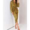 imageBTFBM Women Long Sleeve Satin Dress 2025 Summer Spring Lapel V Neck Button Down Elegant Belted Ruched Maxi Shirt DressesSolid Olive Green