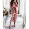 imageBTFBM Women Long Sleeve Satin Dress 2025 Summer Spring Lapel V Neck Button Down Elegant Belted Ruched Maxi Shirt DressesSolid Pink