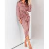 imageBTFBM Women Long Sleeve Satin Dress 2025 Summer Spring Lapel V Neck Button Down Elegant Belted Ruched Maxi Shirt DressesSolid Pink