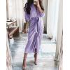 imageBTFBM Women Long Sleeve Satin Dress 2025 Summer Spring Lapel V Neck Button Down Elegant Belted Ruched Maxi Shirt DressesSolid Purple