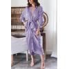 imageBTFBM Women Long Sleeve Satin Dress 2025 Summer Spring Lapel V Neck Button Down Elegant Belted Ruched Maxi Shirt DressesSolid Purple