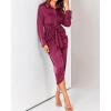 imageBTFBM Women Long Sleeve Satin Dress 2025 Summer Spring Lapel V Neck Button Down Elegant Belted Ruched Maxi Shirt DressesSolid Purple Red