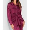 imageBTFBM Women Long Sleeve Satin Dress 2025 Summer Spring Lapel V Neck Button Down Elegant Belted Ruched Maxi Shirt DressesSolid Purple Red