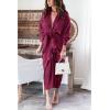imageBTFBM Women Long Sleeve Satin Dress 2025 Summer Spring Lapel V Neck Button Down Elegant Belted Ruched Maxi Shirt DressesSolid Purple Red