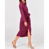 imageBTFBM Women Long Sleeve Satin Dress 2025 Summer Spring Lapel V Neck Button Down Elegant Belted Ruched Maxi Shirt DressesSolid Purple Red