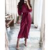 imageBTFBM Women Long Sleeve Satin Dress 2025 Summer Spring Lapel V Neck Button Down Elegant Belted Ruched Maxi Shirt DressesSolid Purple Red