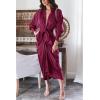 imageBTFBM Women Long Sleeve Satin Dress 2025 Summer Spring Lapel V Neck Button Down Elegant Belted Ruched Maxi Shirt DressesSolid Purple Red
