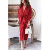imageBTFBM Women Long Sleeve Satin Dress 2025 Summer Spring Lapel V Neck Button Down Elegant Belted Ruched Maxi Shirt DressesSolid Red