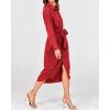 imageBTFBM Women Long Sleeve Satin Dress 2025 Summer Spring Lapel V Neck Button Down Elegant Belted Ruched Maxi Shirt DressesSolid Red