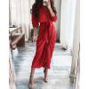 imageBTFBM Women Long Sleeve Satin Dress 2025 Summer Spring Lapel V Neck Button Down Elegant Belted Ruched Maxi Shirt DressesSolid Red