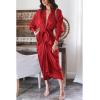 imageBTFBM Women Long Sleeve Satin Dress 2025 Summer Spring Lapel V Neck Button Down Elegant Belted Ruched Maxi Shirt DressesSolid Red