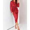 imageBTFBM Women Long Sleeve Satin Dress 2025 Summer Spring Lapel V Neck Button Down Elegant Belted Ruched Maxi Shirt DressesSolid Red