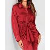 imageBTFBM Women Long Sleeve Satin Dress 2025 Summer Spring Lapel V Neck Button Down Elegant Belted Ruched Maxi Shirt DressesSolid Red