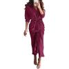 imageBTFBM Women Long Sleeve Satin Dress 2025 Summer Spring Lapel V Neck Button Down Elegant Belted Ruched Maxi Shirt DressesSolid Purple Red
