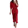 imageBTFBM Women Long Sleeve Satin Dress 2025 Summer Spring Lapel V Neck Button Down Elegant Belted Ruched Maxi Shirt DressesSolid Red