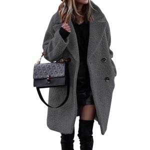 imageBTFBM Women 2025 Winter Faux Fur Coats Lapel Long Sleeve Fuzzy Fleece Outerwear Button Down Sherpa Jackets Fall OutfitsSolid Dark Grey