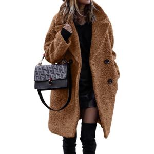 imageBTFBM Women 2025 Winter Faux Fur Coats Lapel Long Sleeve Fuzzy Fleece Outerwear Button Down Sherpa Jackets Fall OutfitsSolid Golden Camel