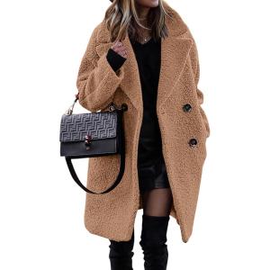imageBTFBM Women 2025 Winter Faux Fur Coats Lapel Long Sleeve Fuzzy Fleece Outerwear Button Down Sherpa Jackets Fall OutfitsSolid Light Camel