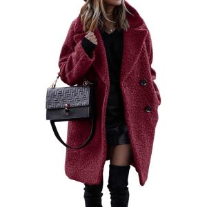 imageBTFBM Women 2025 Winter Faux Fur Coats Lapel Long Sleeve Fuzzy Fleece Outerwear Button Down Sherpa Jackets Fall OutfitsSolid Wine Red