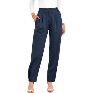 imageBTFBM Womens 2025 Casual Button Down Pants Elastic High Waist Business Work Trousers Long Straight Slacks with PocketsDark Blue