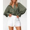 imageBTFBM Women Satin Button Down Shirts Summer Fall Lantern Long Sleeve Lapel V Neck Blouse Loose Casual Office Work TopsSolid Army Green