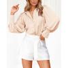 imageBTFBM Women Satin Button Down Shirts Summer Fall Lantern Long Sleeve Lapel V Neck Blouse Loose Casual Office Work TopsSolid Beige