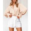 imageBTFBM Women Satin Button Down Shirts Summer Fall Lantern Long Sleeve Lapel V Neck Blouse Loose Casual Office Work TopsSolid Beige
