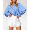 imageBTFBM Women Satin Button Down Shirts Summer Fall Lantern Long Sleeve Lapel V Neck Blouse Loose Casual Office Work TopsSolid Blue