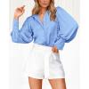 imageBTFBM Women Satin Button Down Shirts Summer Fall Lantern Long Sleeve Lapel V Neck Blouse Loose Casual Office Work TopsSolid Blue